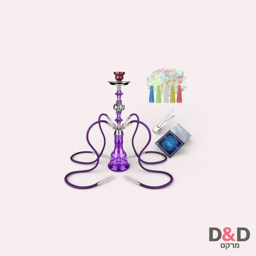 נרגילה גדולה / זכוכית מעוטרת +פחמים + נייר כסף + טבק